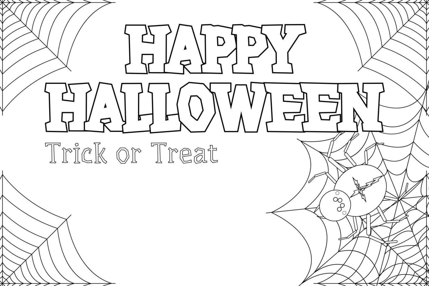Halloween-themed coloring page featuring a spider, web, and Happy Halloween text. Great for kids spooky holiday activities. vector