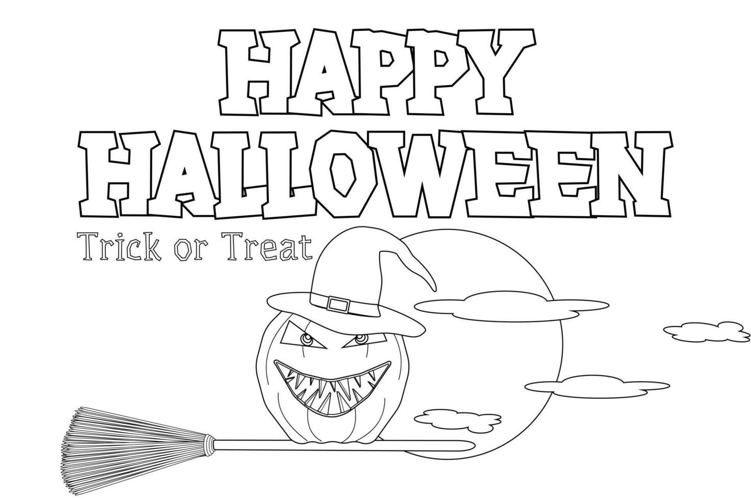 Fun Halloween coloring page featuring a pumpkin witch flying on a broom with the moon and clouds in the background. Perfect for kids and adults. vector