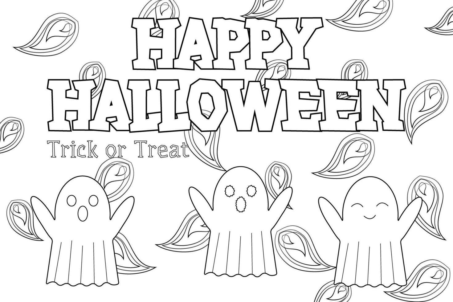 Fun Halloween coloring page featuring adorable ghosts and festive Happy Halloween text. Perfect for kids holiday crafts. vector