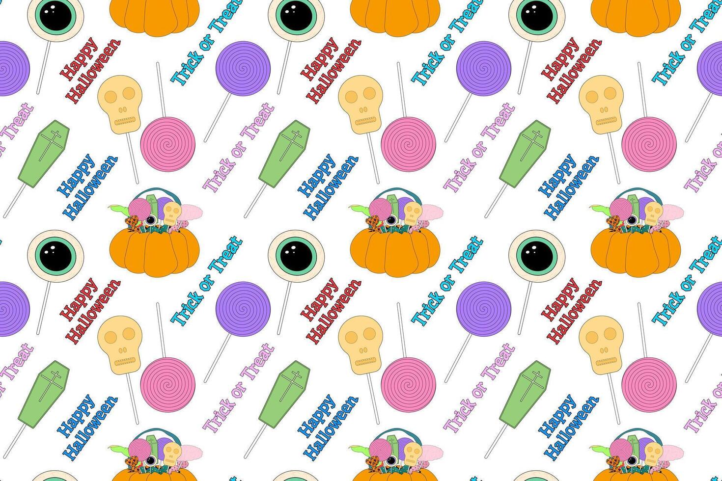 A seamless Halloween-themed pattern featuring a pumpkin basket filled with spooky candies, lollipops, and festive Happy Halloween text. vector