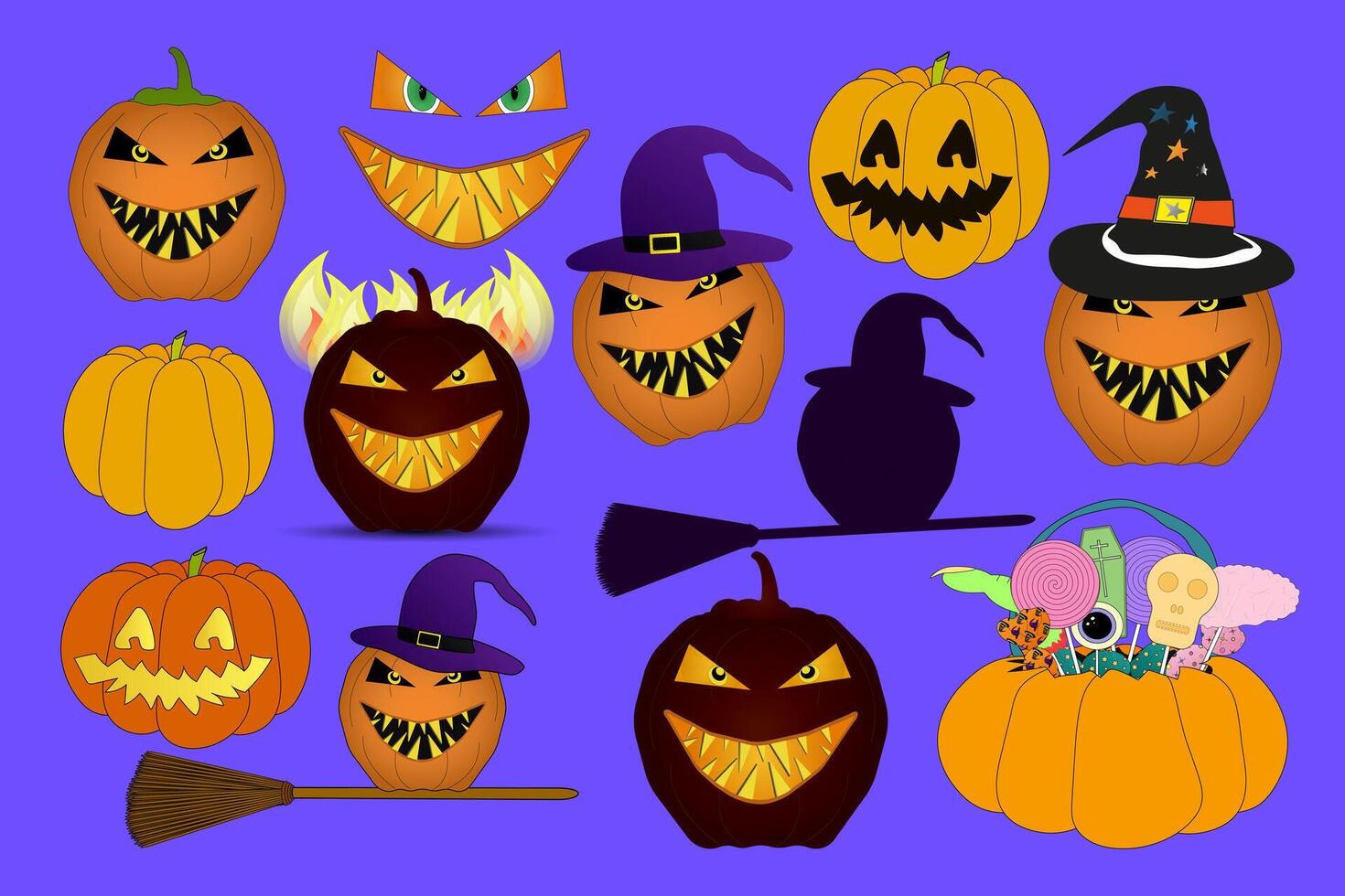 A spooky set of Halloween pumpkins, jack-o-lanterns, and festive elements. Ideal for holiday designs, posters, and cards. vector