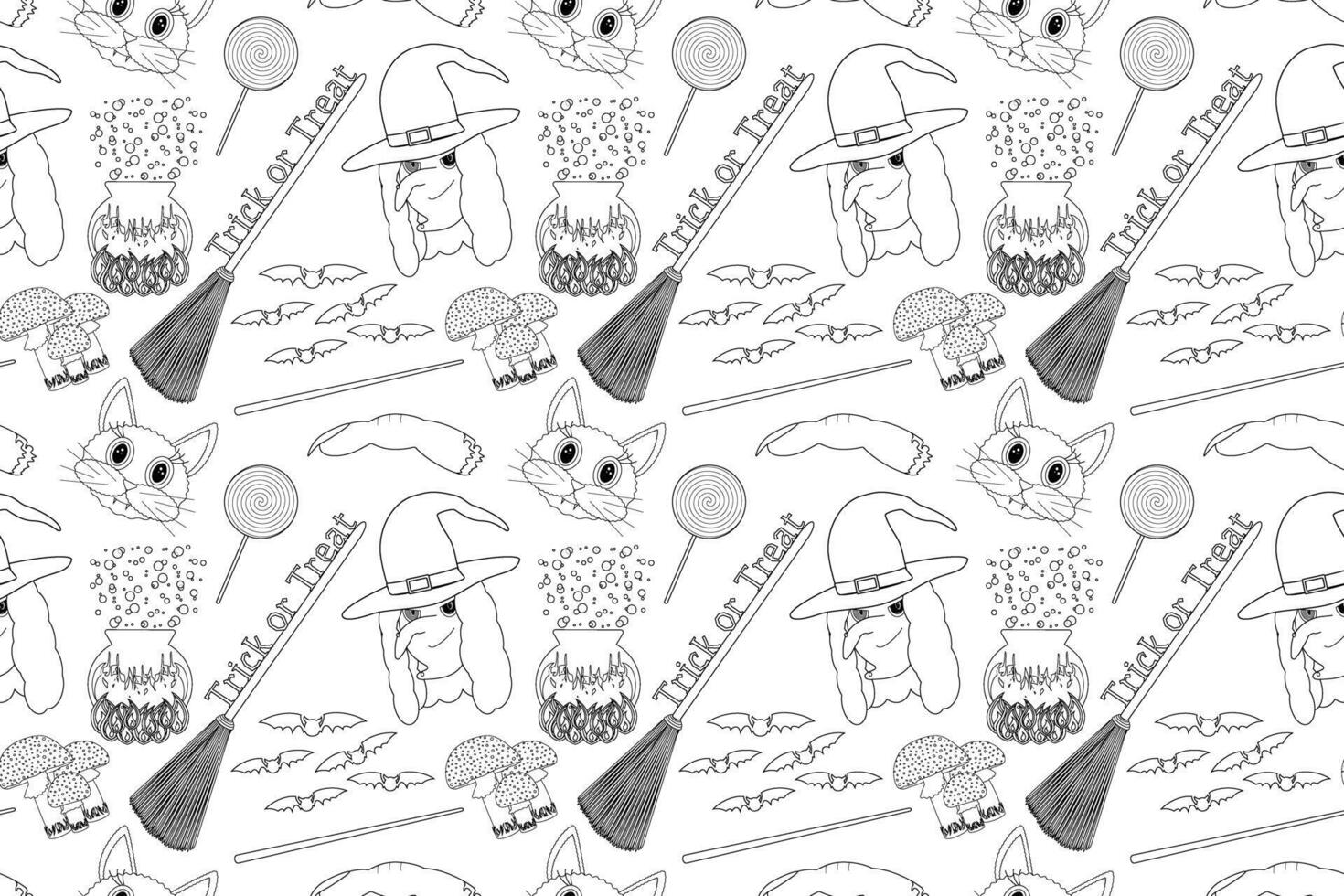 A seamless Halloween coloring page pattern featuring witch hats, cauldrons, lollipops, bats, and spooky elements perfect for kids. vector