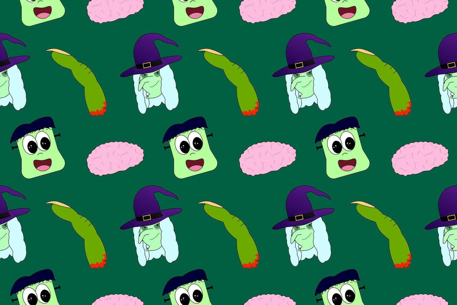 Seamless Halloween pattern featuring cute monsters, witches, brains, and zombie fingers. Fun and spooky design for kids and adults. vector
