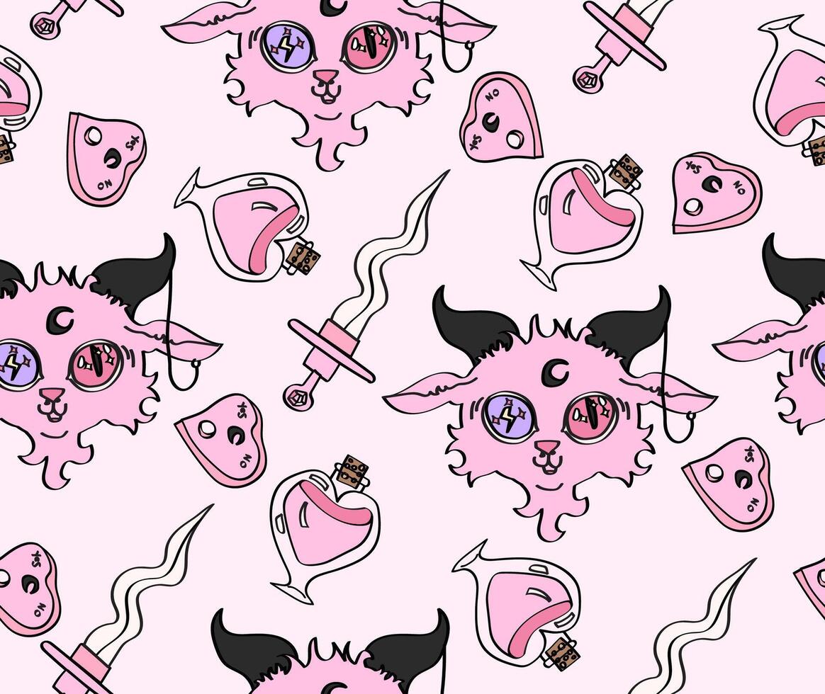 Pink halloween witchy seamless pattern with goat head, potion bottle and dagger. vector