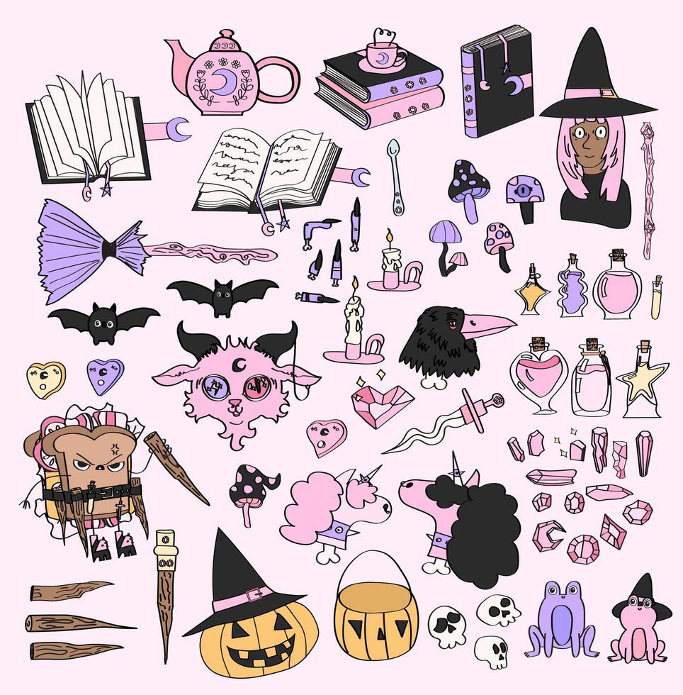 Set of hand drawn pink Halloween clipart elements. vector