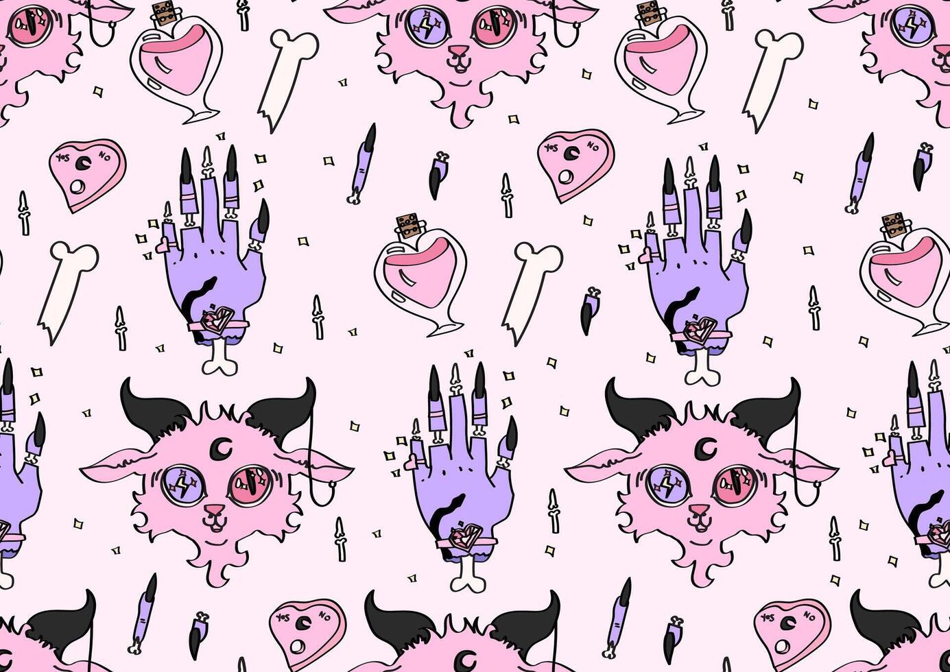 Pink halloween witchy seamless pattern with goat head, potion bottle and witches hand. vector