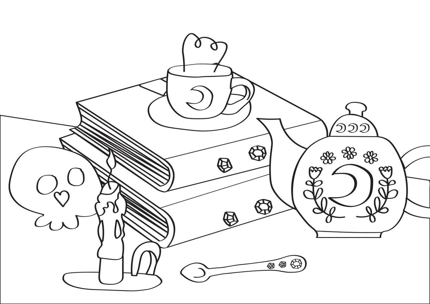 Witches spellbook and tea set coloring page for kids. vector