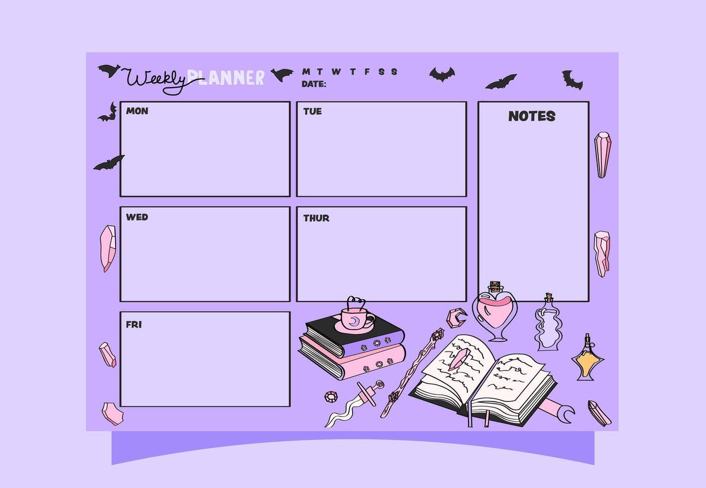 Magical themed weekly planner for journalling and monthly planning. Spooky season weekly planning for daily and monthly use. vector