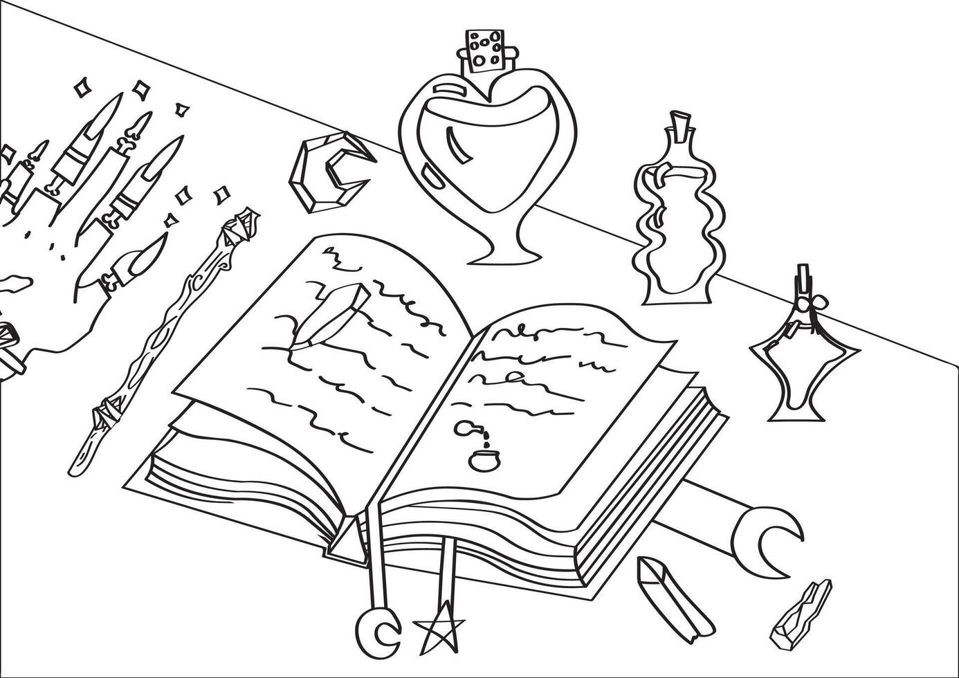 Witchcraft elements coloring pages for kids. vector