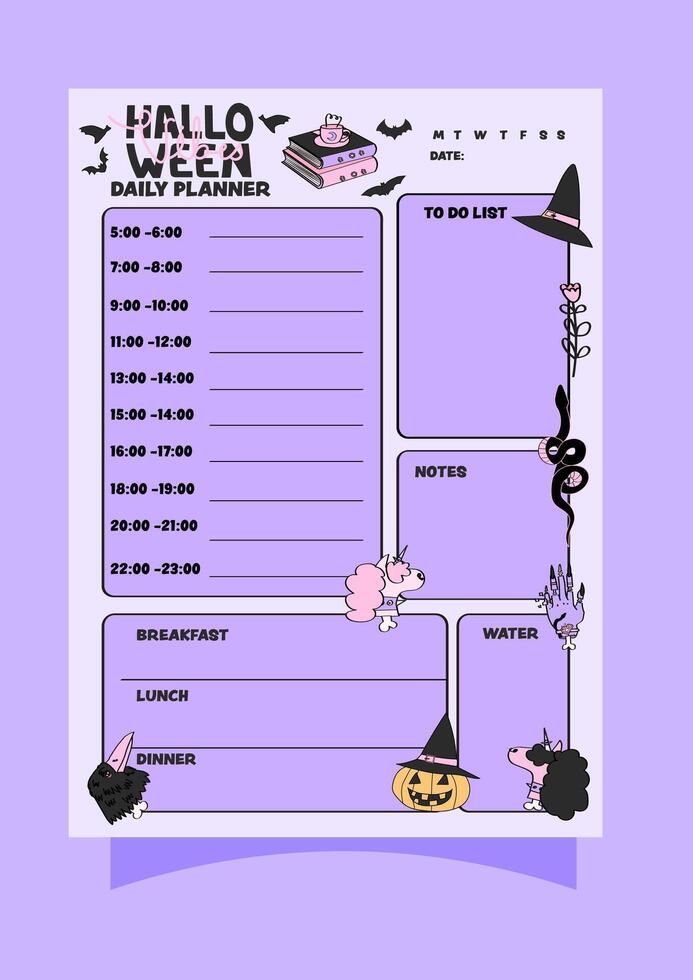 Daily planner for journaling and planning with a meal planner, to do list and notes. vector