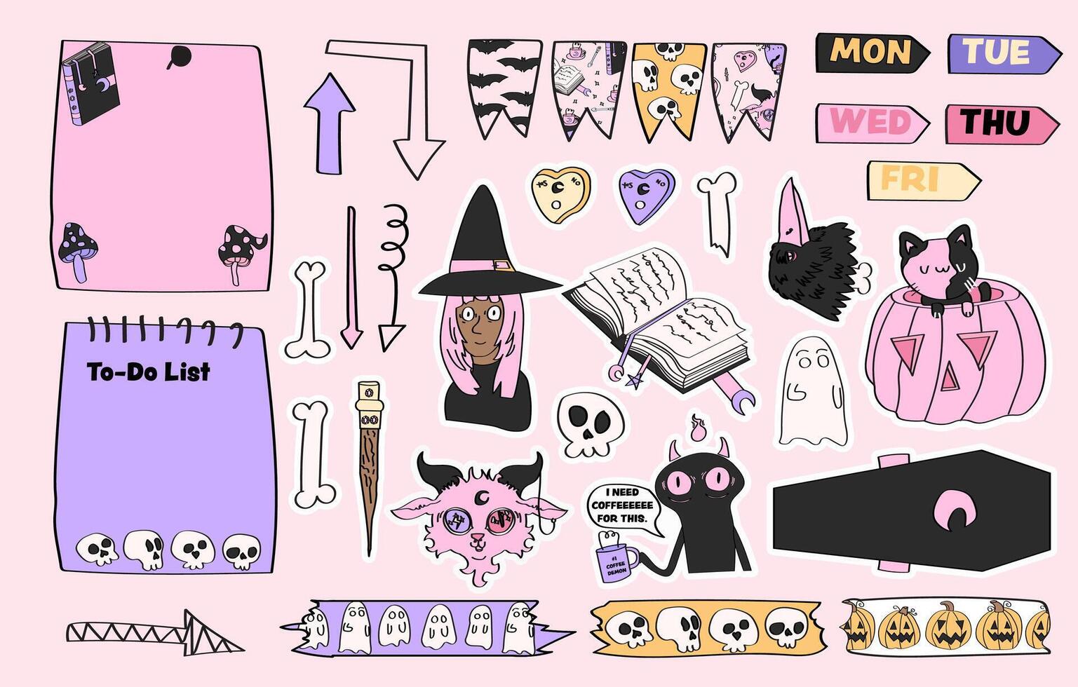 Collection of halloween themed planner stickers and memo notepad pages for daily or weekly planning. vector