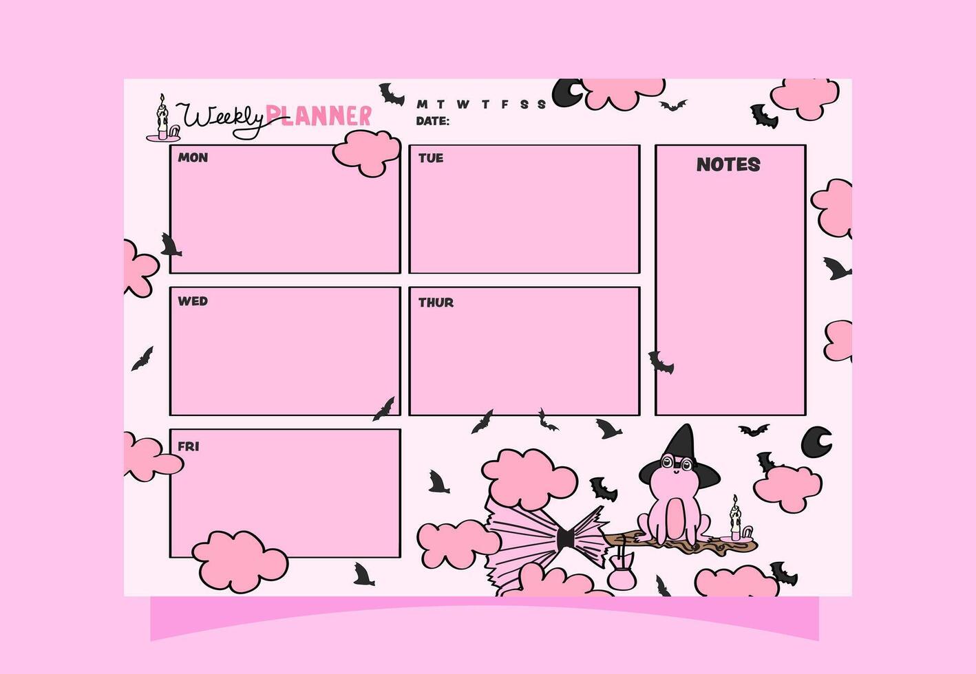 Cute halloween pink frog themed weekly planner. Spooky season weekly planner for daily and monthly use. vector