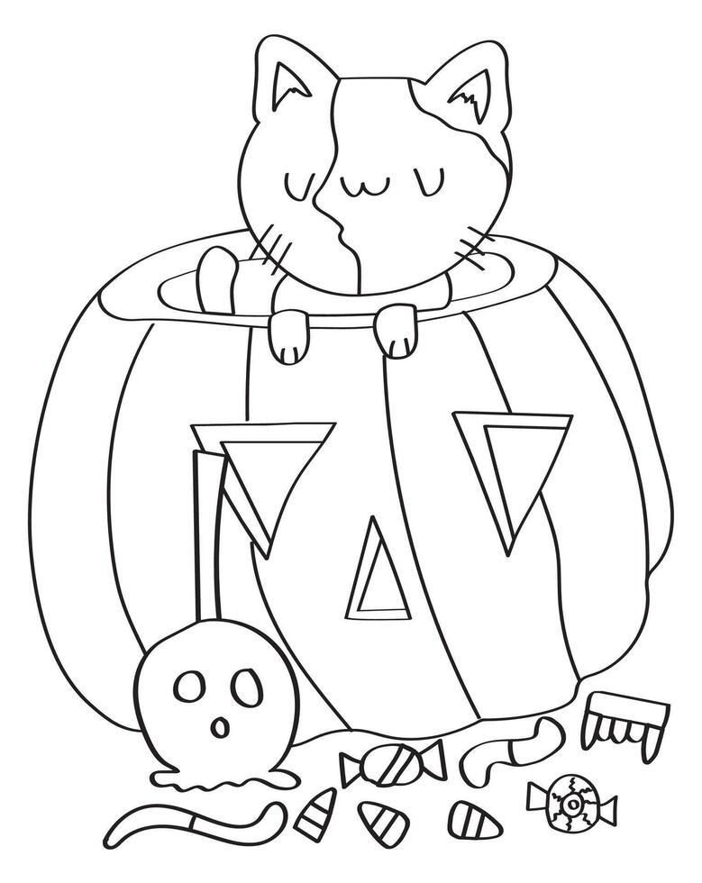 Halloween cat in a pumpkin coloring page for kids. vector