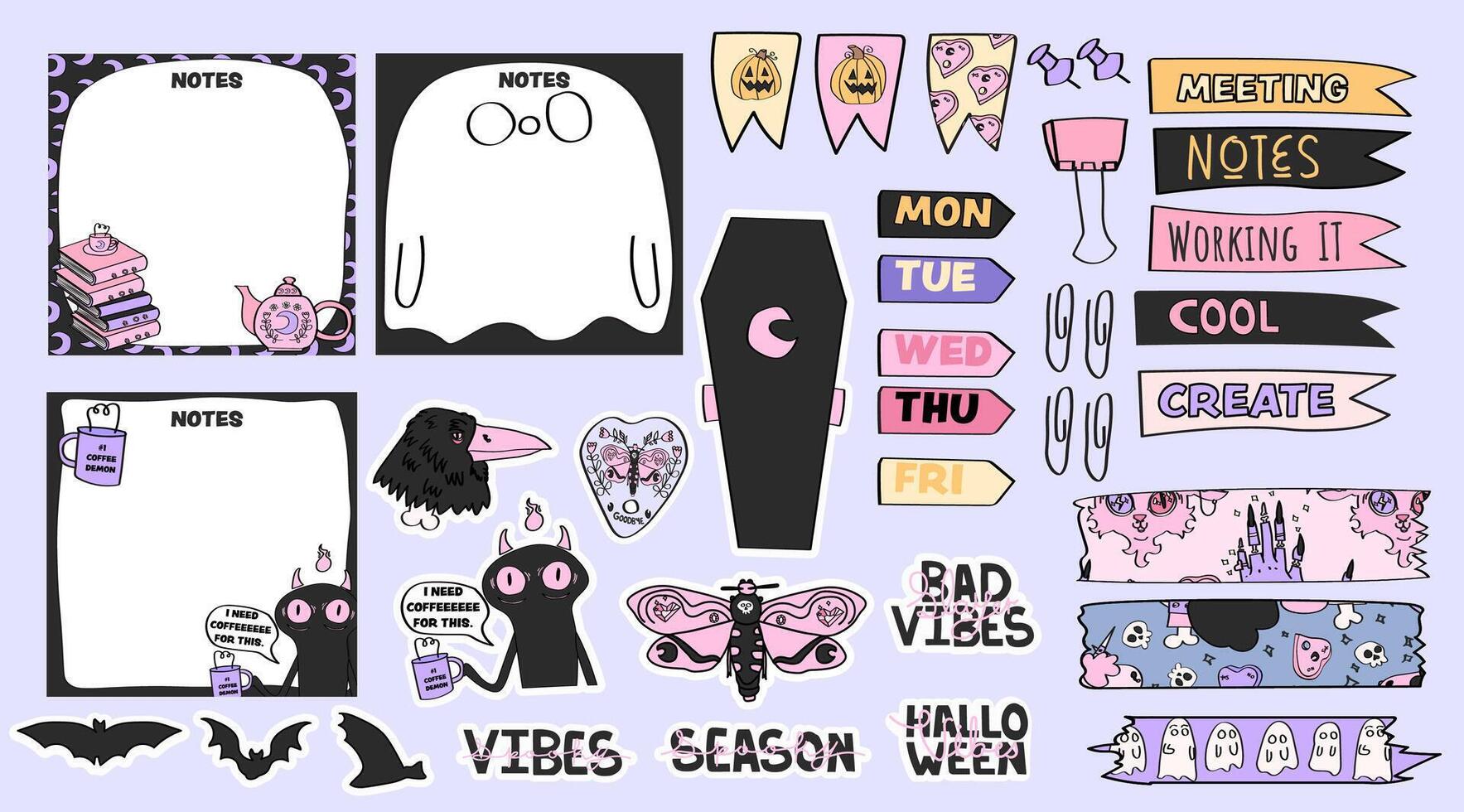 Collection of Halloween-themed memo pad pages, sticky notes, daily planner stickers with trendy lettering and washi tape. vector
