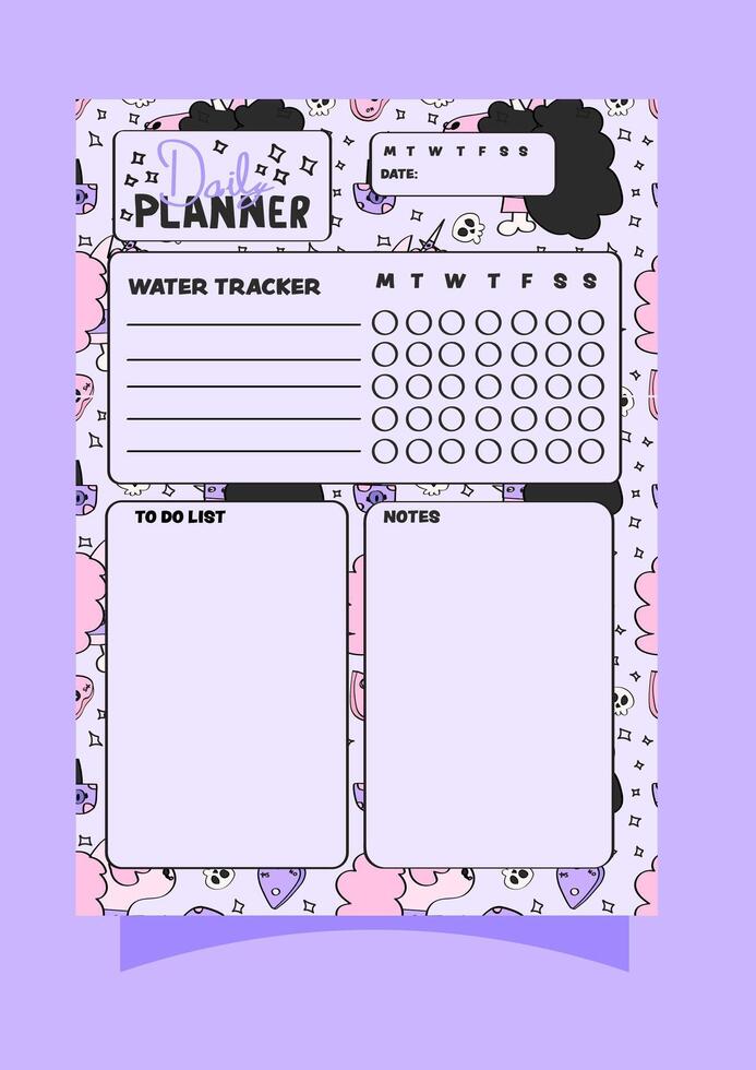 Daily planner or weekly planner for journaling and planning with a water tracker, to do list and notes. vector
