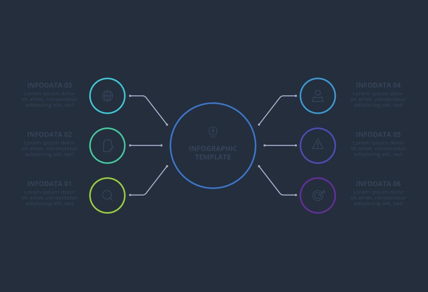 Line concept for infographic with 6 steps, options, parts or processes. Template for web on a black background. vector