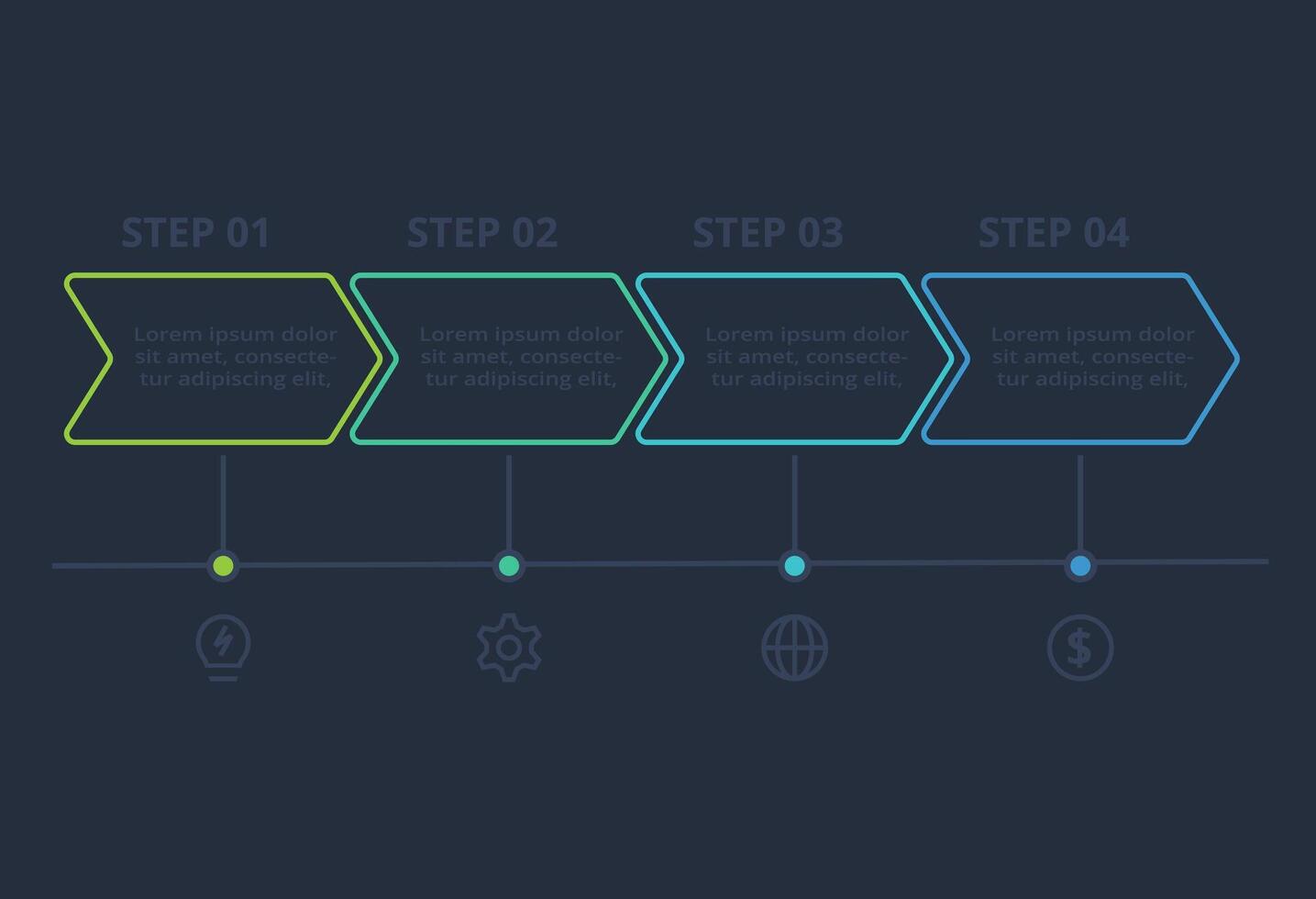 Line concept for infographic with 4 steps, options, parts or processes. Template for web on a black background. vector