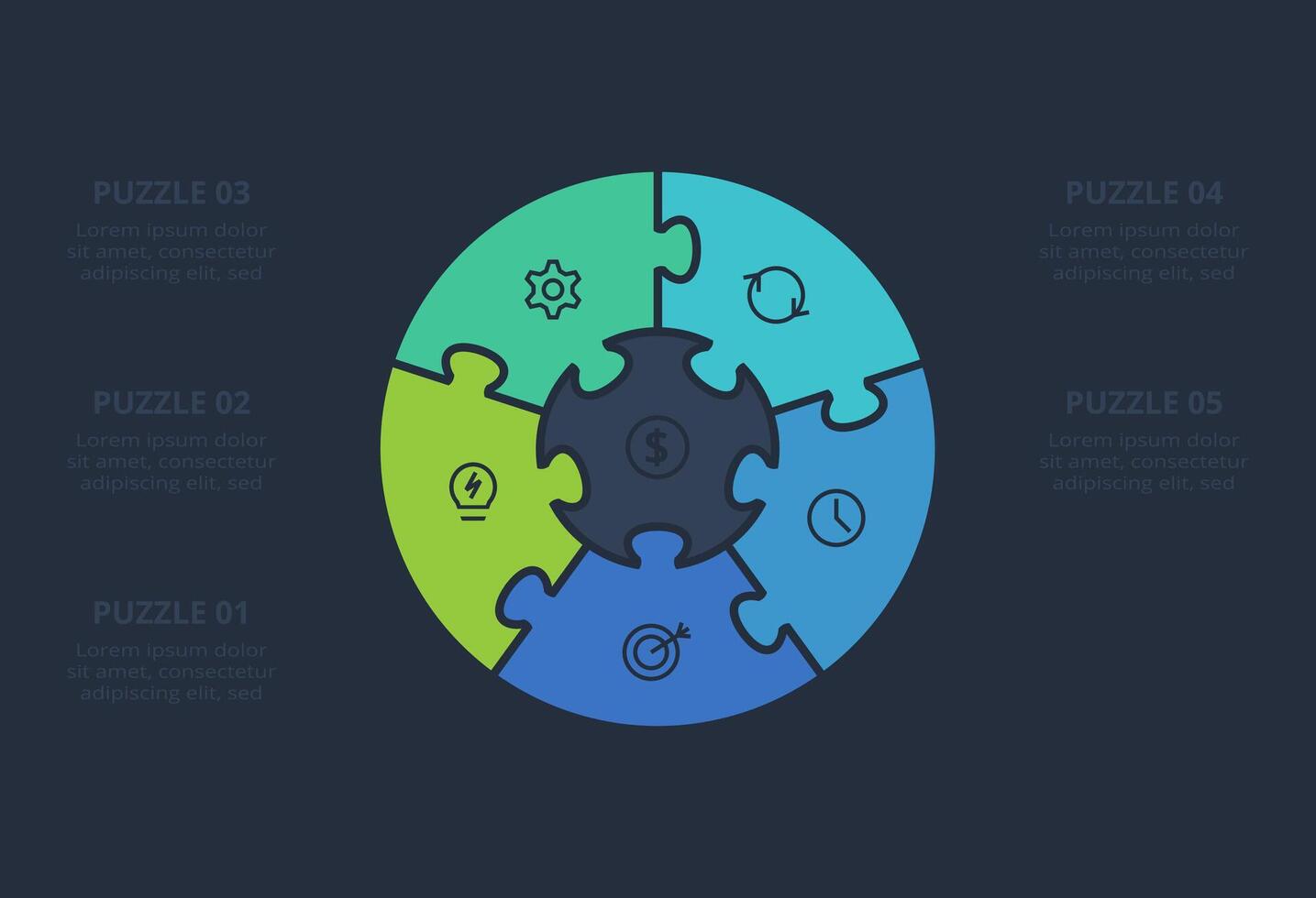 Puzzle infographic with 5 elements, presentations, illustration. Template for web on a black background. vector