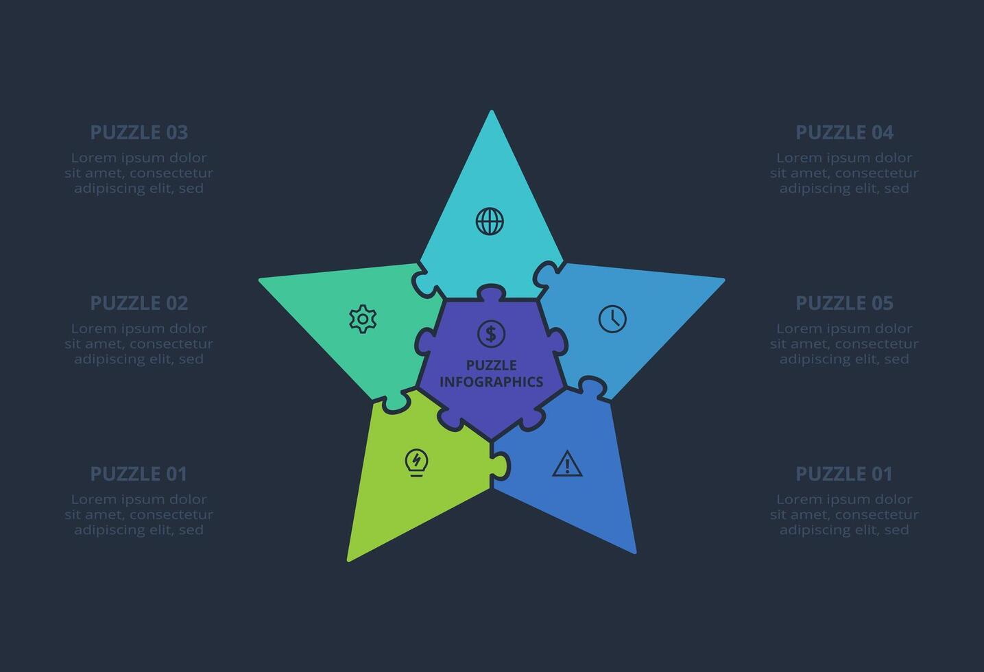 Puzzle infographic with 6 elements, presentations, illustration. Template for web on a black background. vector