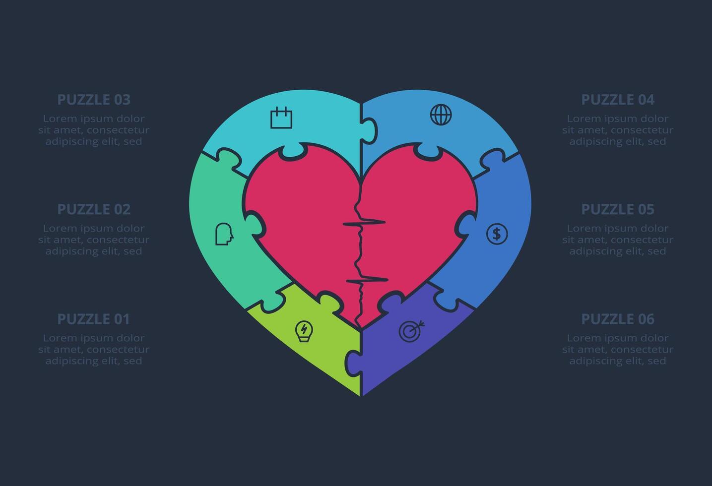 Puzzle infographic with 6 elements, presentations, illustration. Template for web on a black background. vector