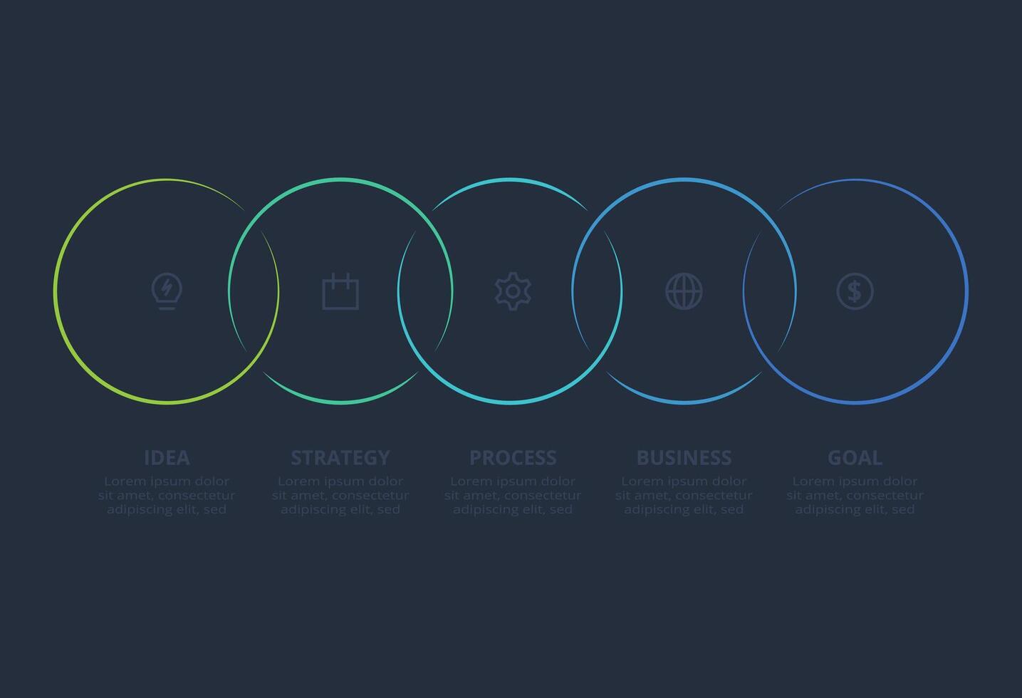 Line concept for infographic with 5 steps, options, parts or processes. Template for web on a black background. vector