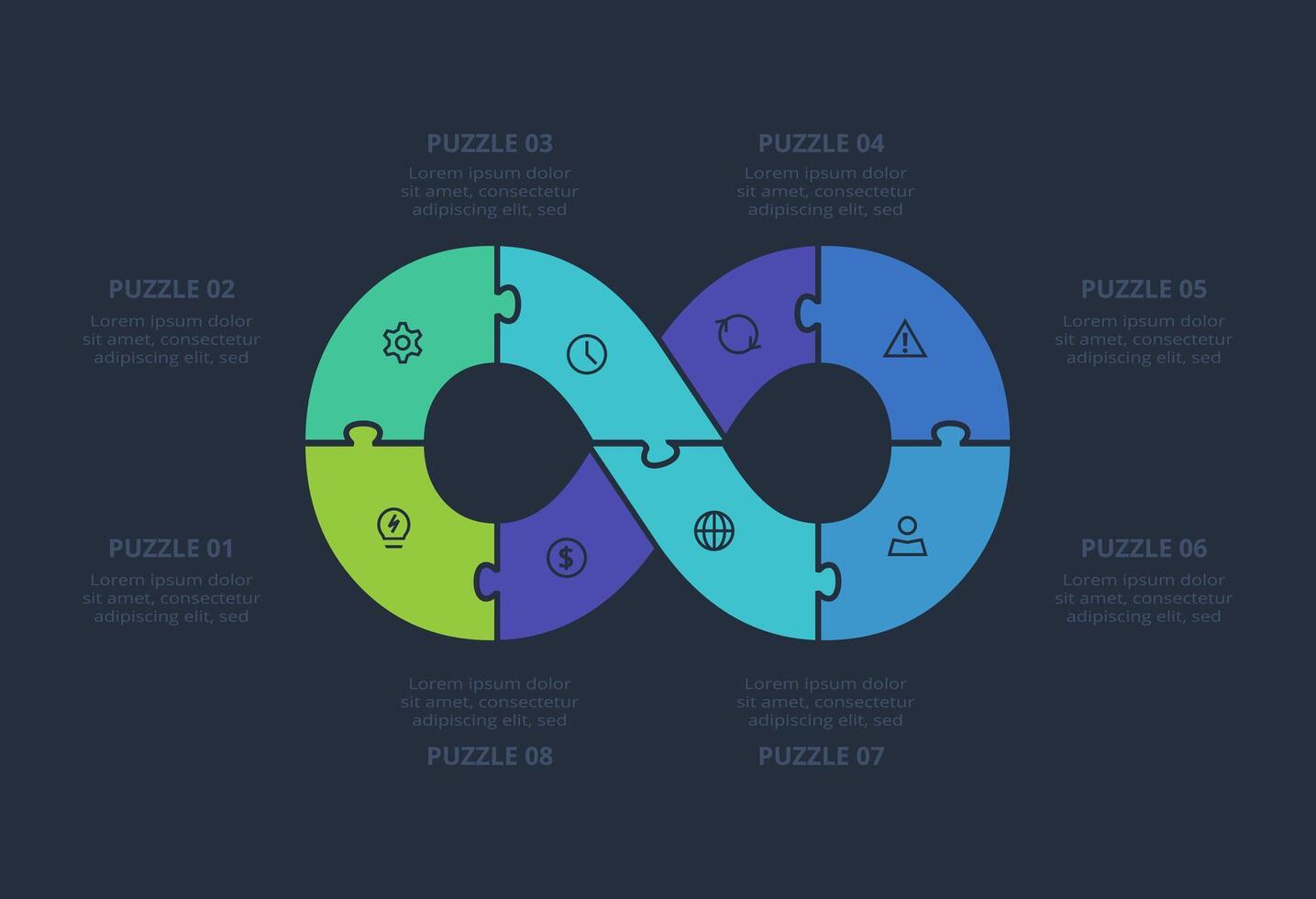 Puzzle infographic with 8 elements, presentations, illustration. Template for web on a black background. vector
