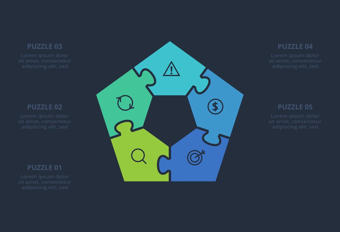 Puzzle infographic with 5 elements, presentations, illustration. Template for web on a black background. vector