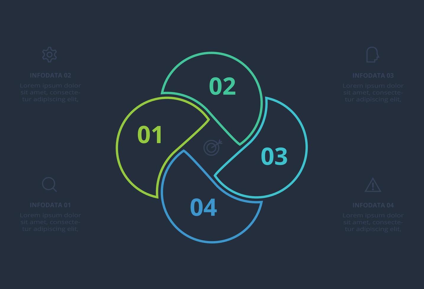 Line concept for infographic with 4 steps, options, parts or processes. Template for web on a black background. vector