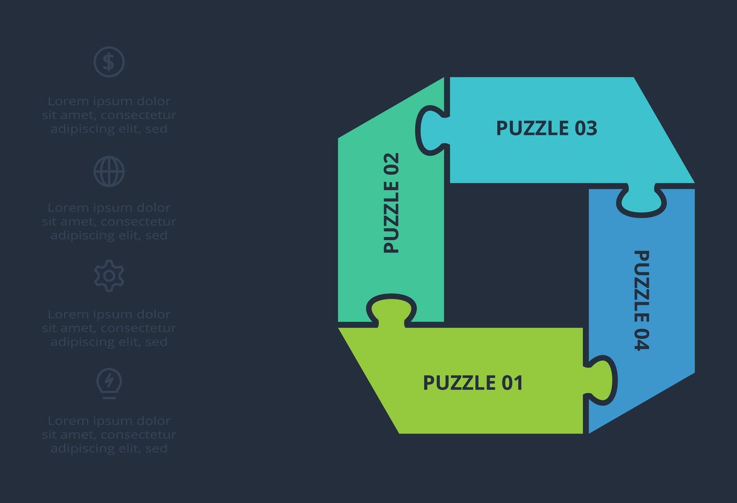 Puzzle infographic with 4 elements, presentations, illustration. Template for web on a black background. vector