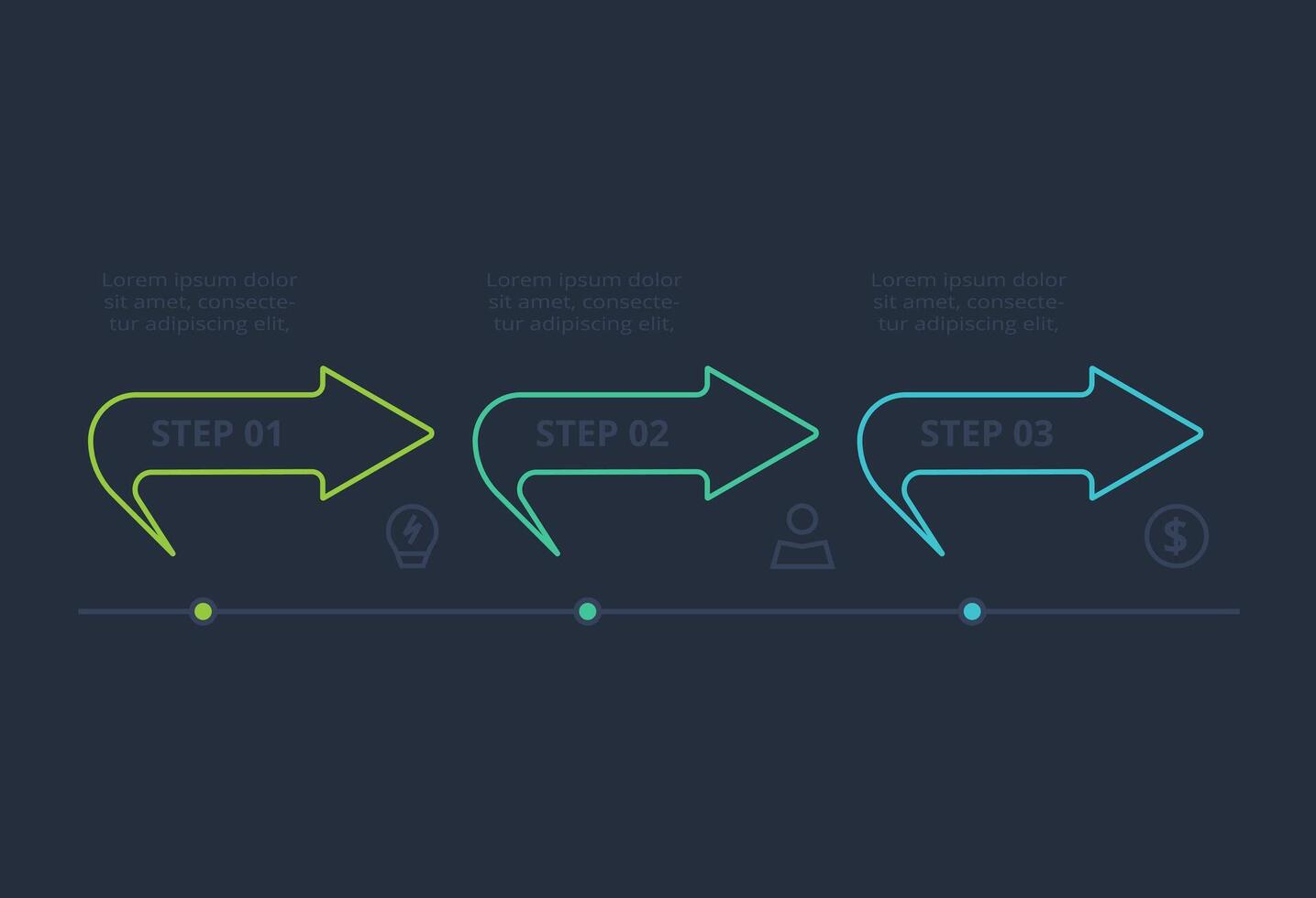 Line concept for infographic with 3 steps, options, parts or processes. Template for web on a black background. vector