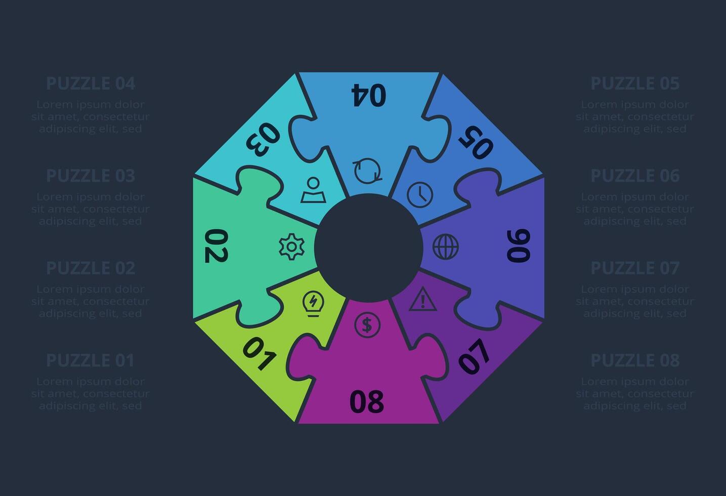 Puzzle infographic with 8 elements, presentations, illustration. Template for web on a black background. vector