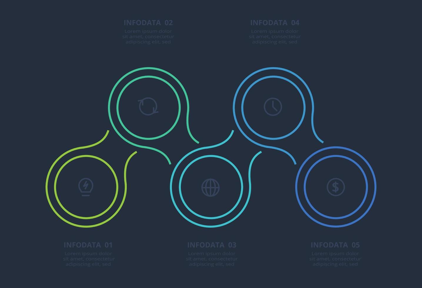 Line concept for infographic with 5 steps, options, parts or processes. Template for web on a black background. vector