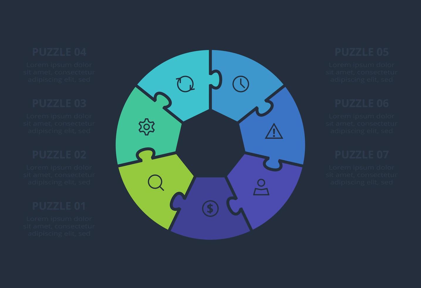 Puzzle infographic with 7 elements, presentations, illustration. Template for web on a black background. vector