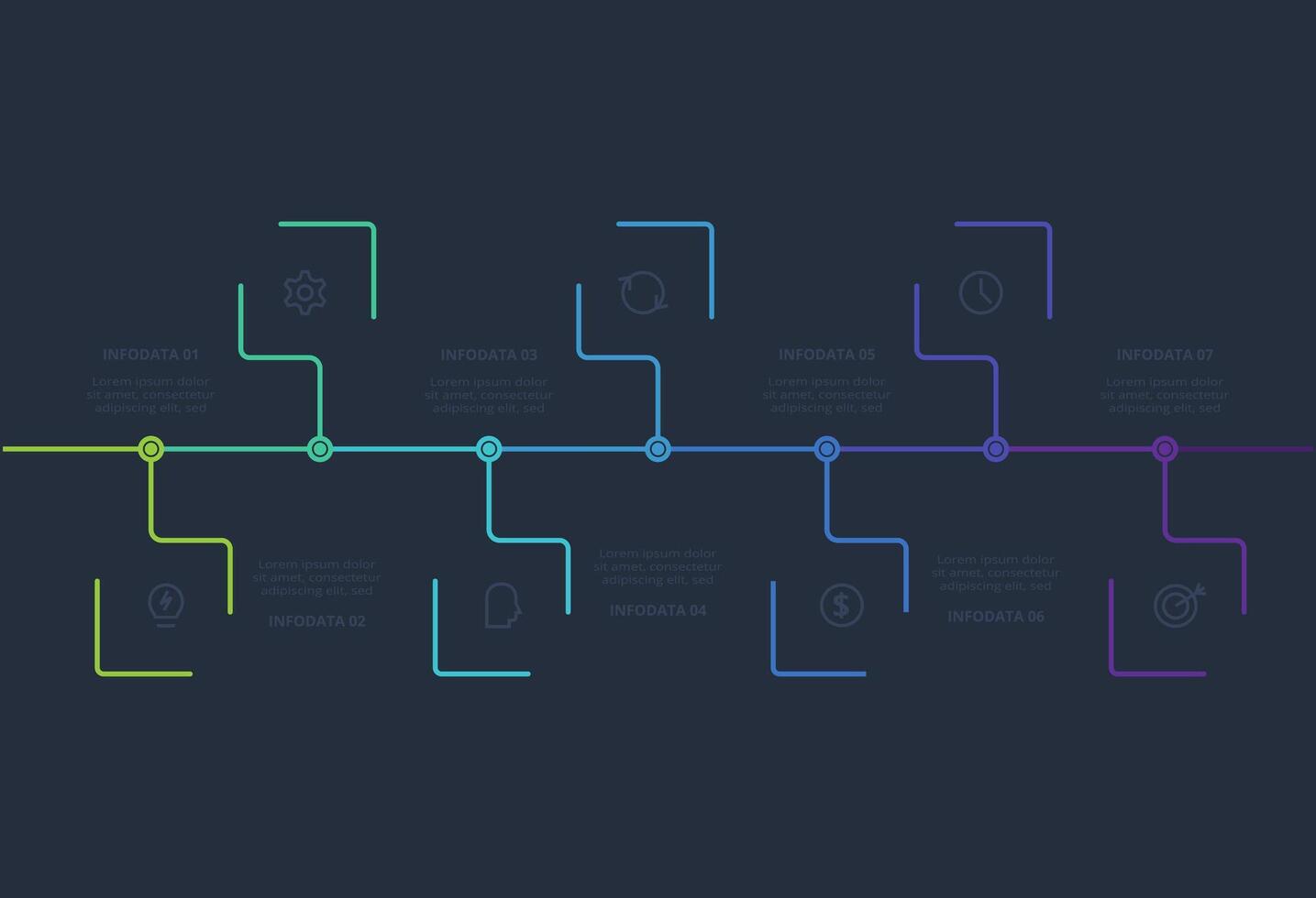Line concept for infographic with 7 steps, options, parts or processes. Template for web on a black background. vector