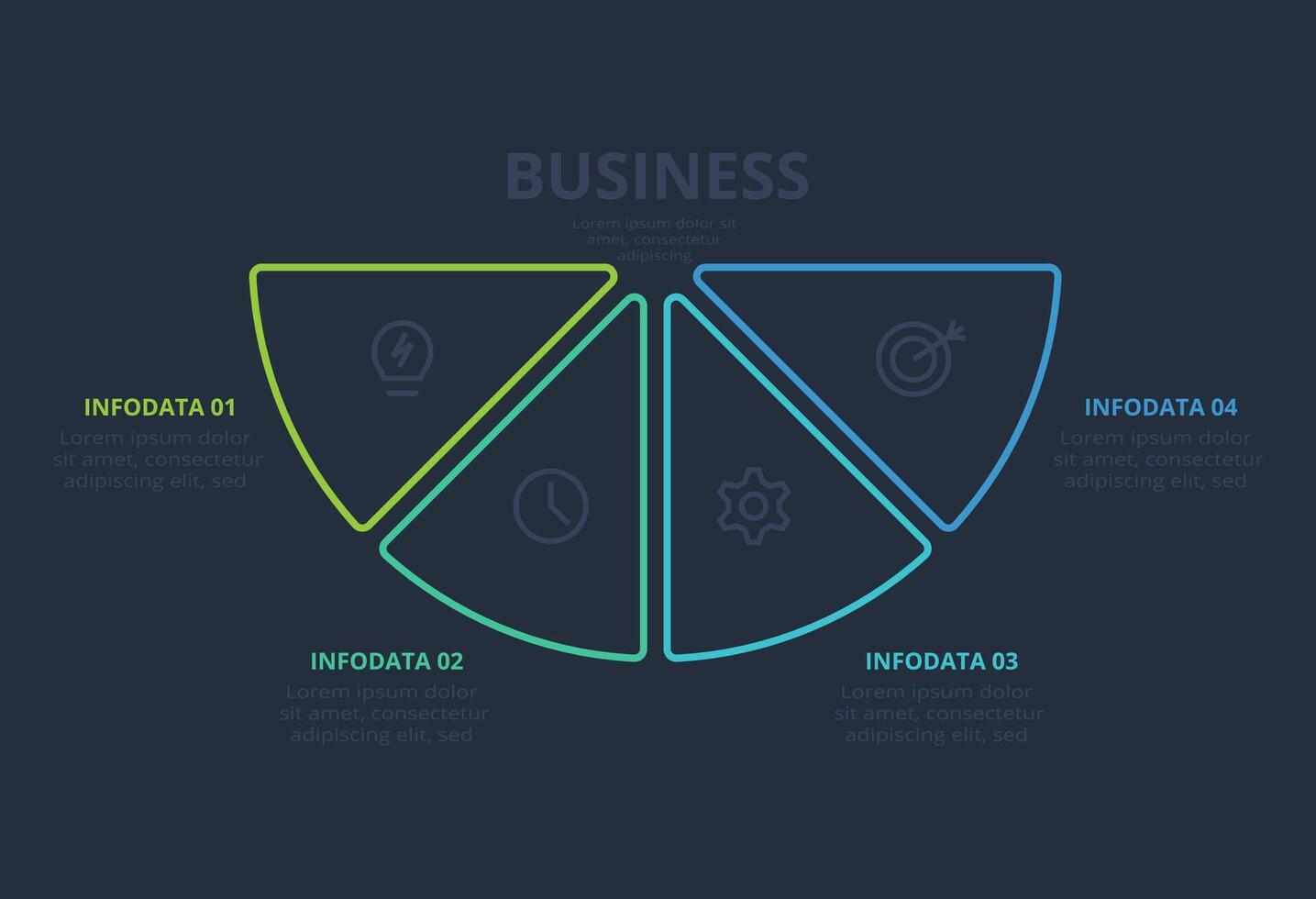 Line concept for infographic with 4 steps, options, parts or processes. Template for web on a black background. vector