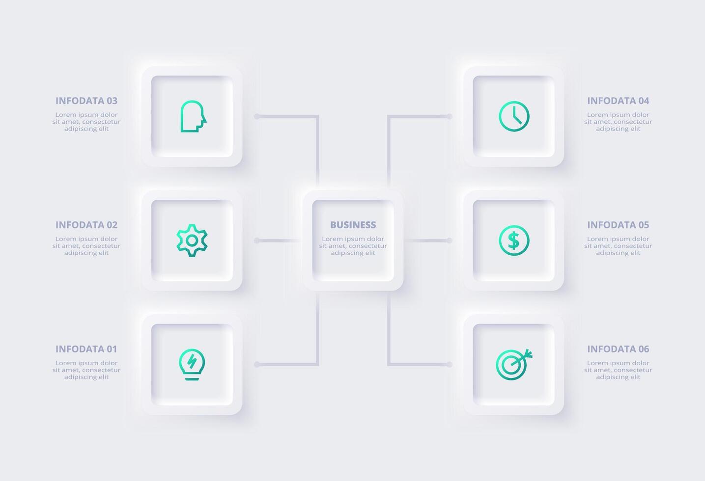 Neumorphic flowchart infographic. Creative concept for infographic with 6 steps, options, parts or processes. Template for diagram, graph, presentation and chart. vector