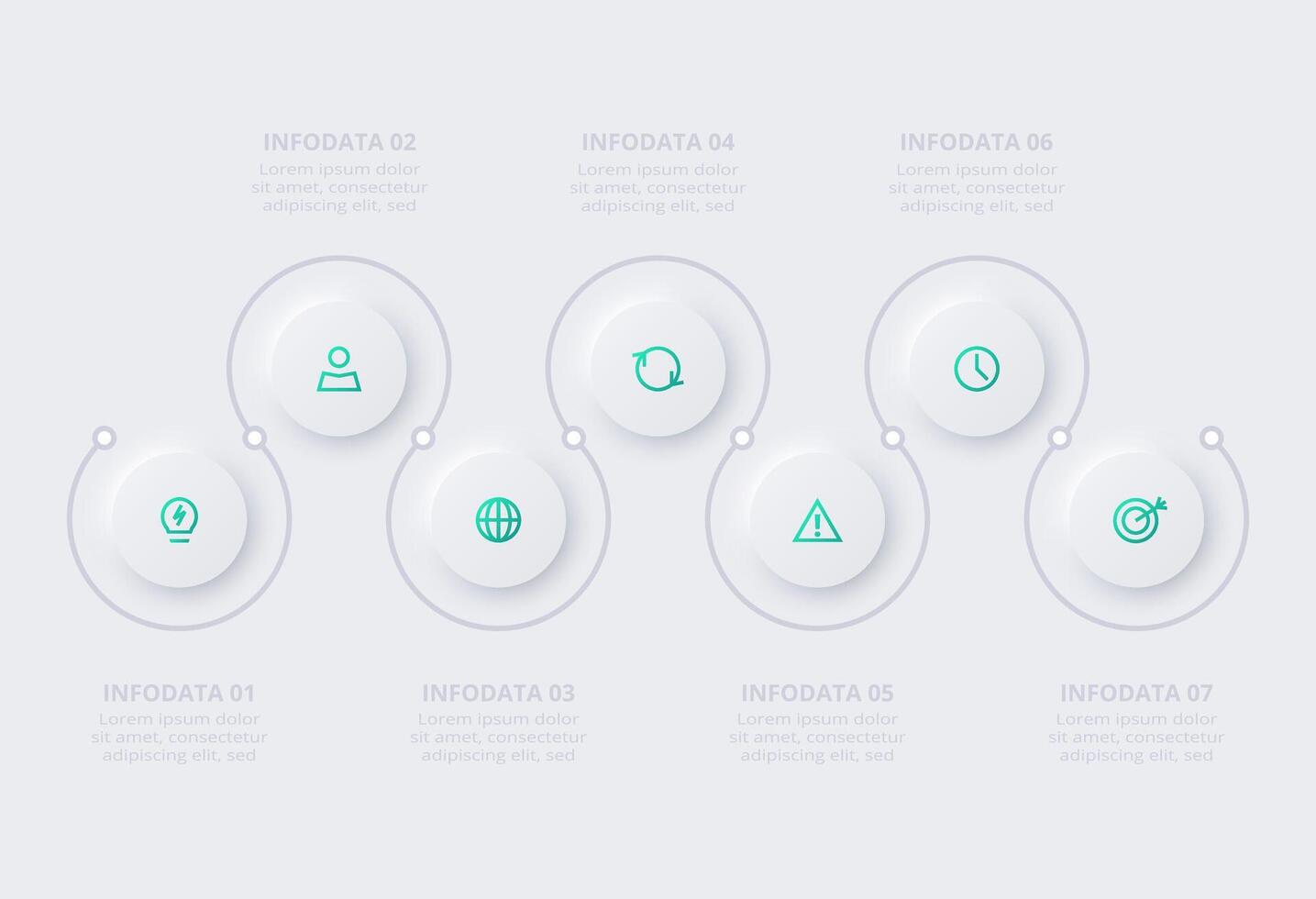Neumorphic flowchart infographic. Creative concept for infographic with 7 steps, options, parts or processes. Template for diagram, graph, presentation and chart. vector