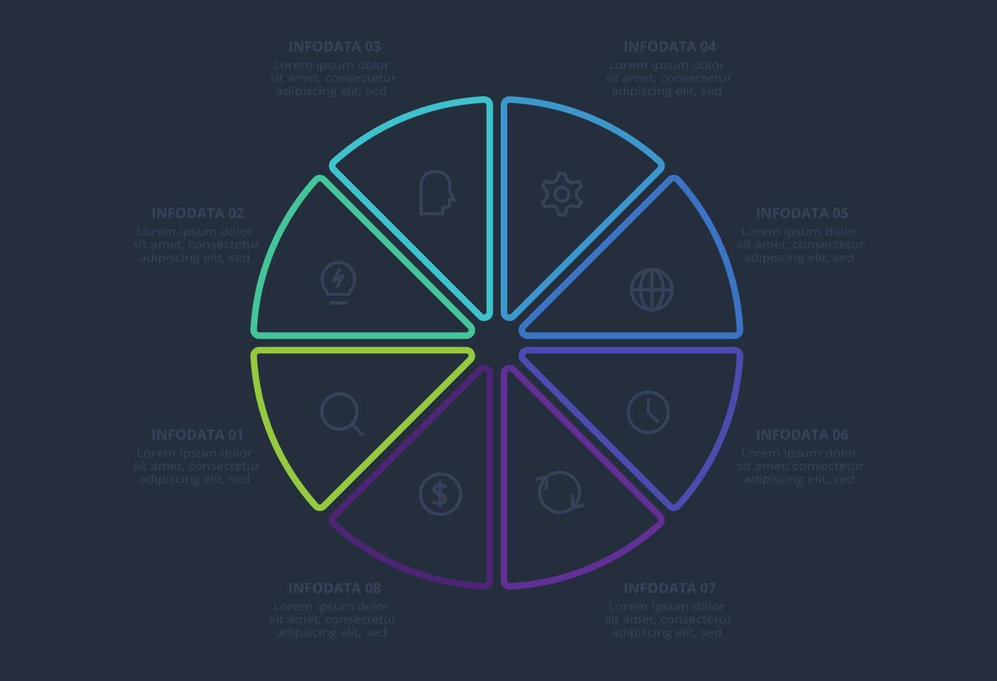 Line concept for infographic with 8 steps, options, parts or processes. Template for web on a black background. vector