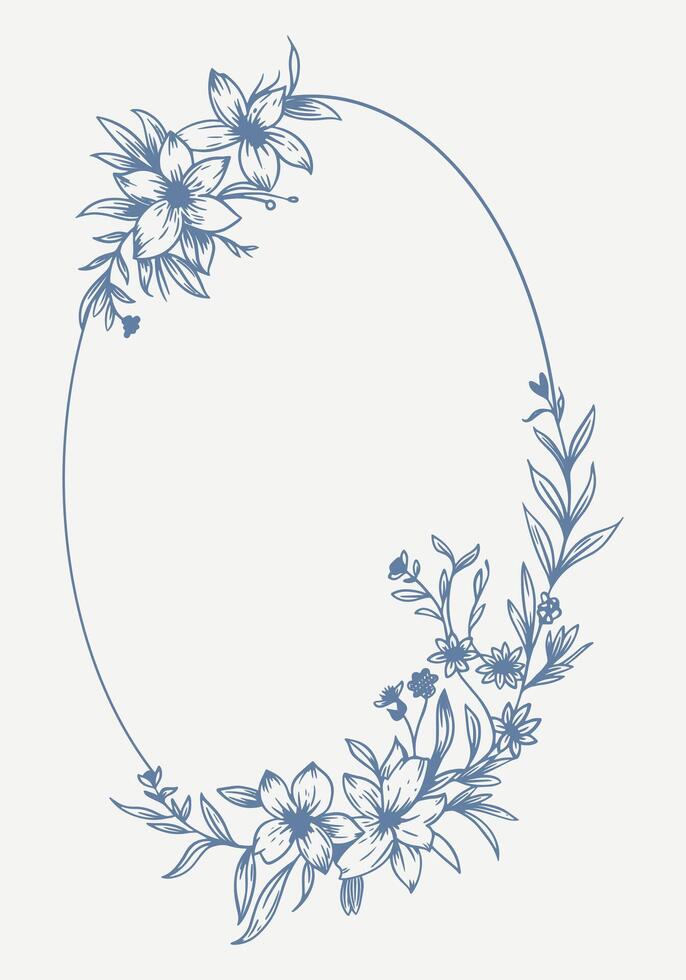 Botanical blue wedding frame or wreath on white background. Hand drawn floral, flower, leaf branch in toile de jouy style. Line art for wedding, monogram, invitation, greeting, logo, birthday cards vector