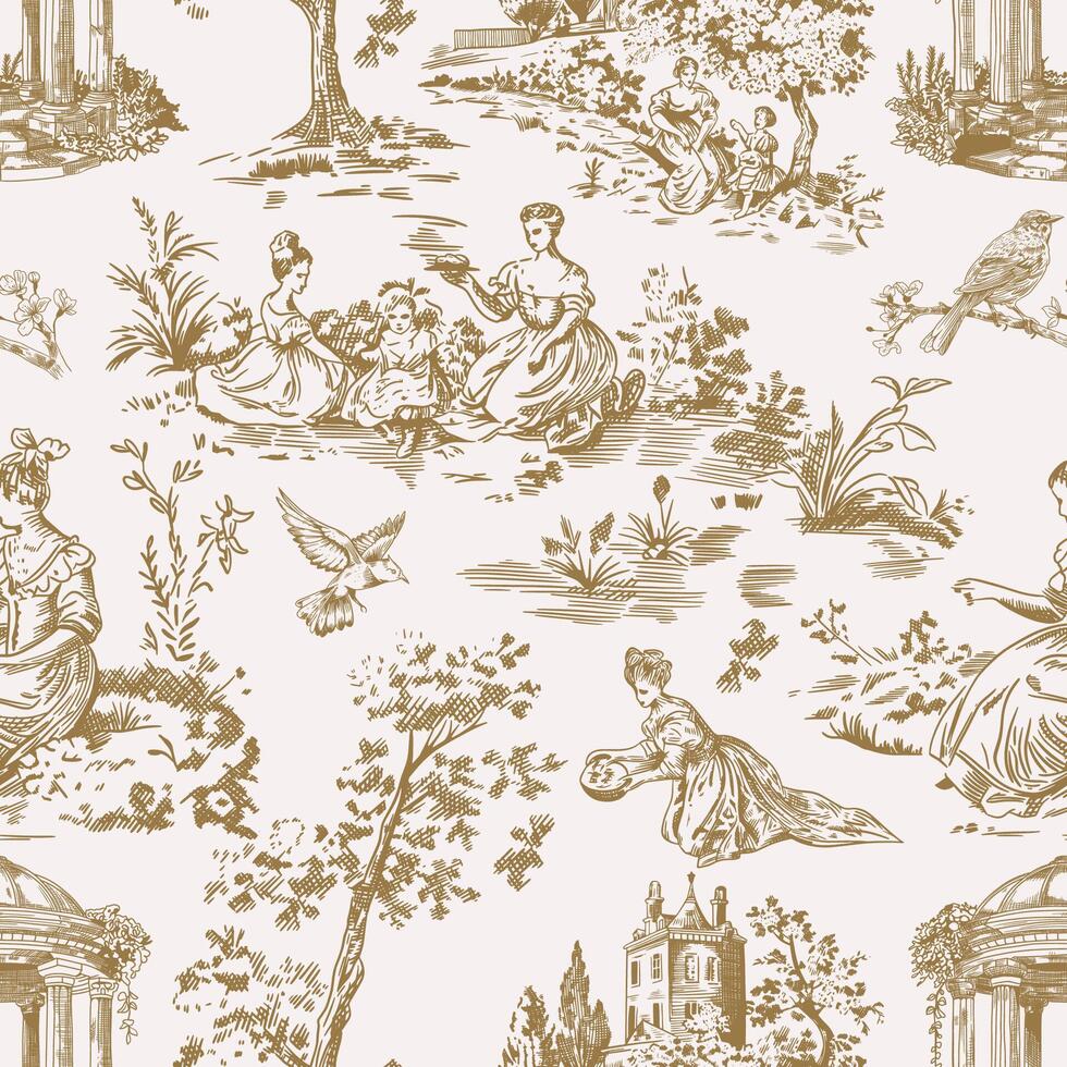 Abstract Victorian seamless pattern with hand drawn illustration with country life, couple villager in Toile de jouy style. Retro elegance blue Chinoiserie print. Vintage wallpaper for bedroom vector