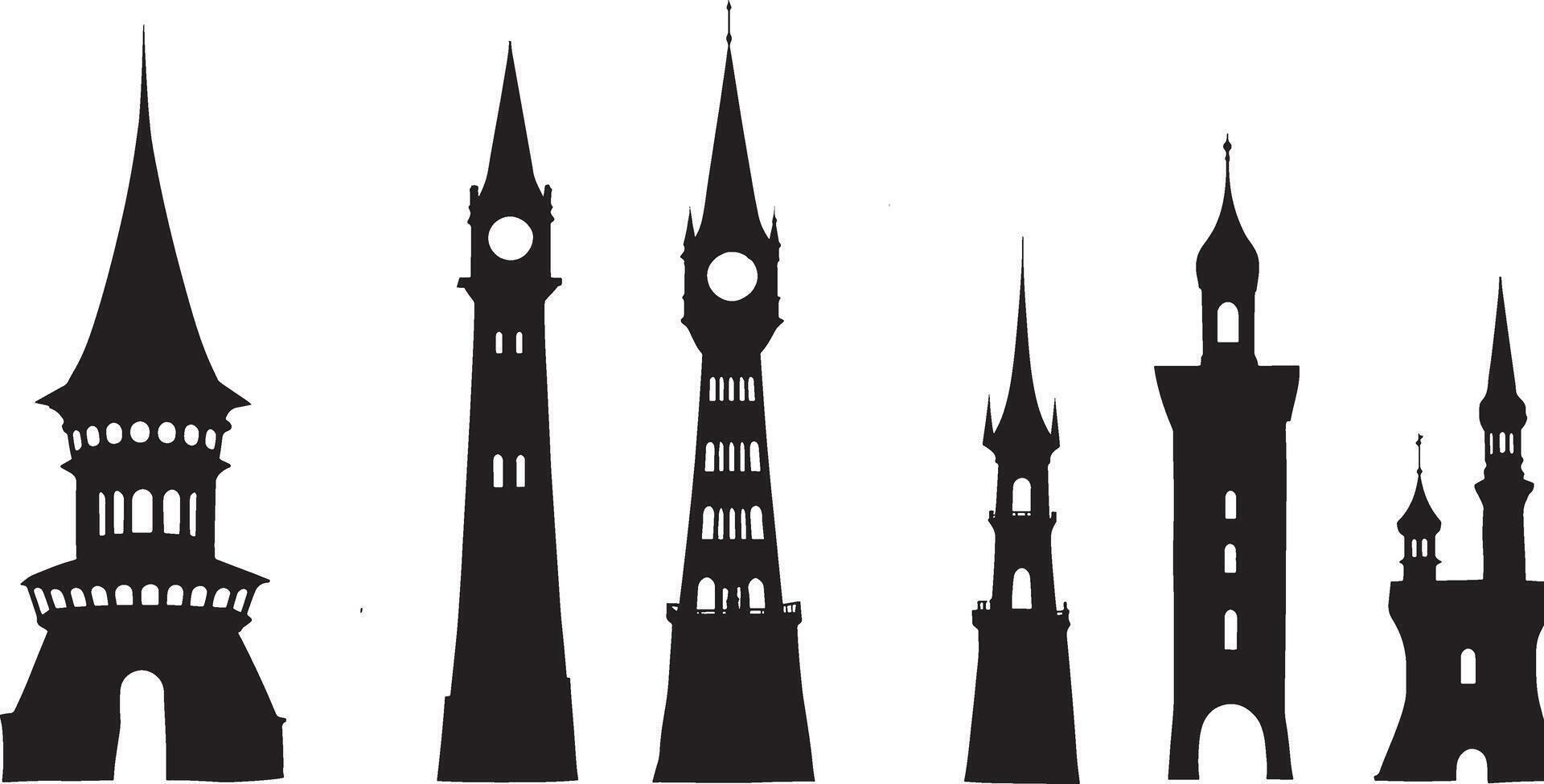 A set of silhouettes of different types of towers vector