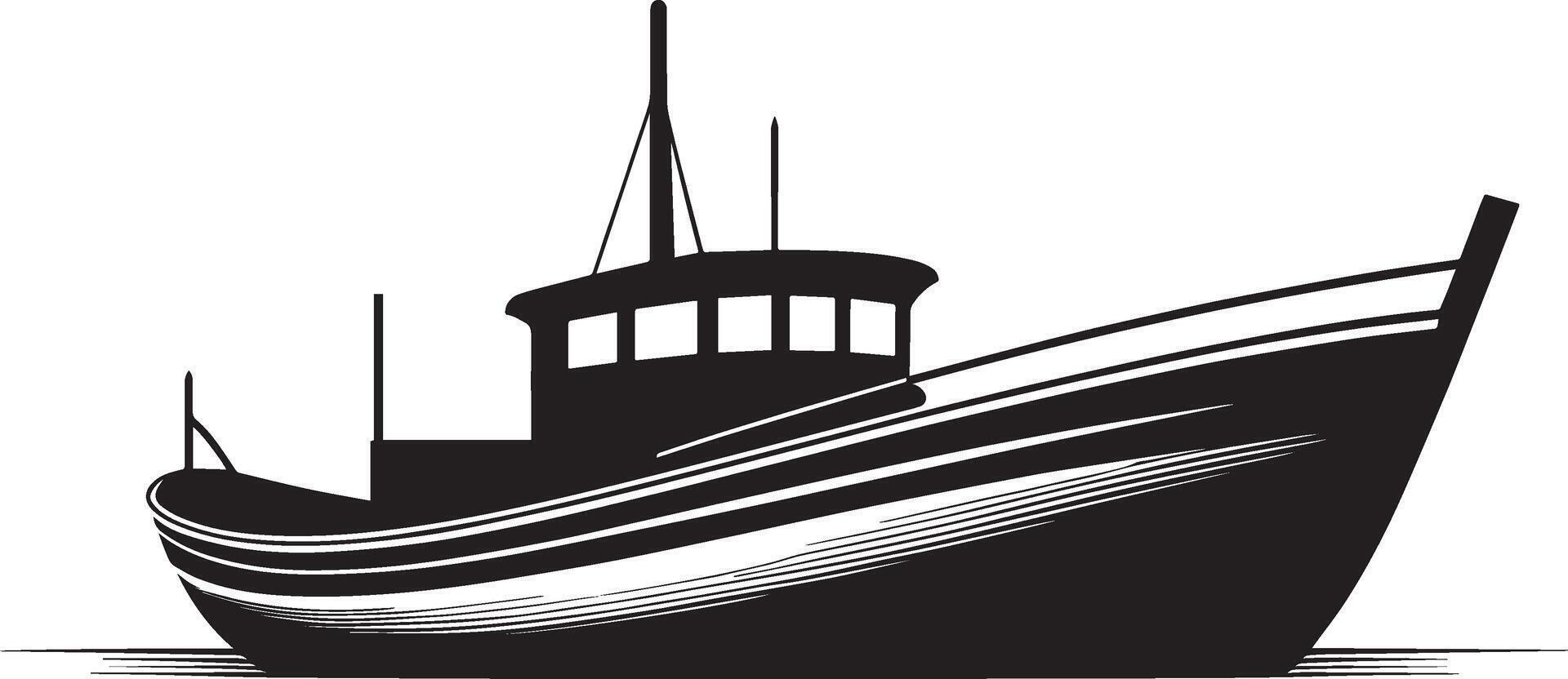 A black and white illustration of a fishing boat vector