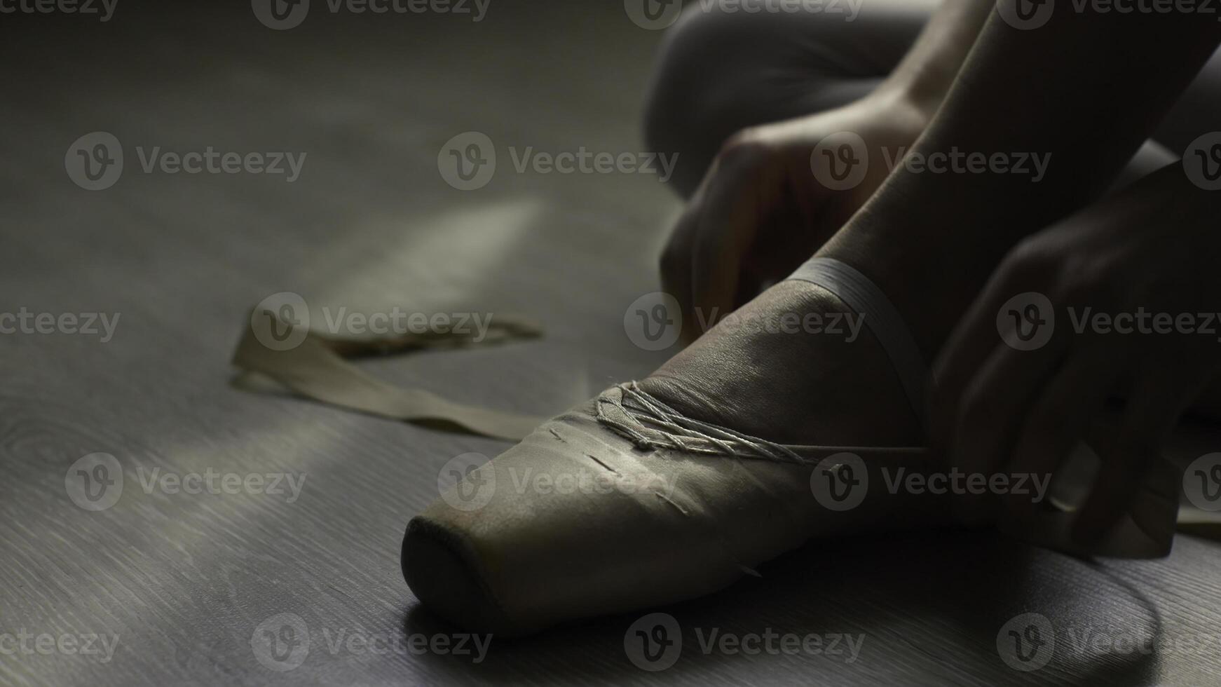ballet dancer tie up her pointes. Ballet dancer tying ballet shoes before training photo