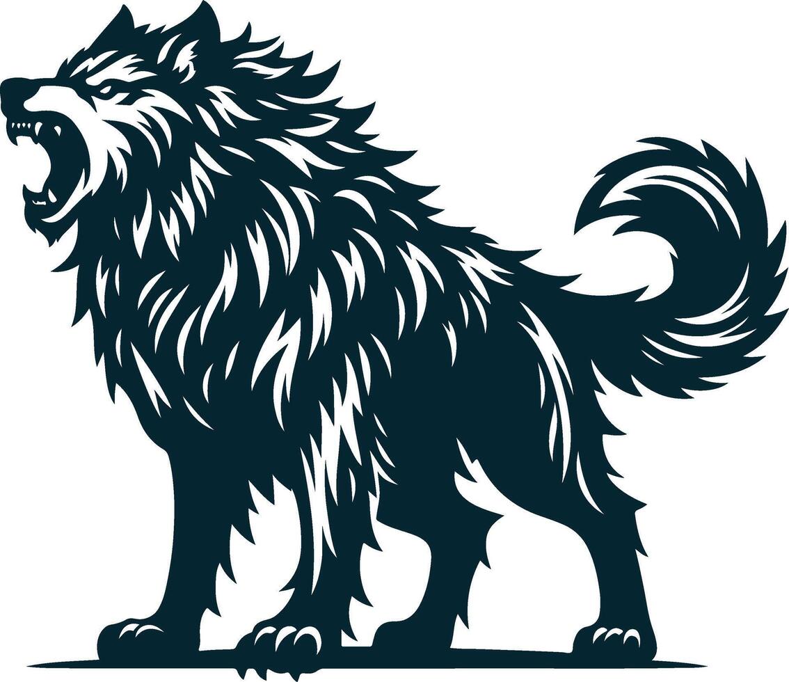 A wolf with its mouth open and its tail raised vector