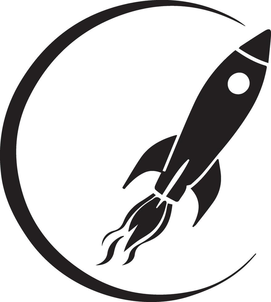 A black and white logo of a rocket flying through the moon vector