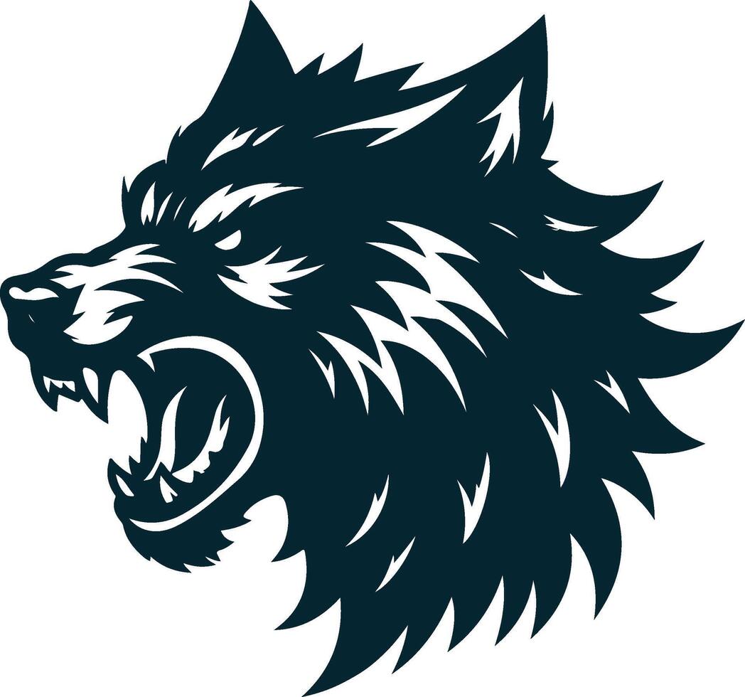 The head of a wolf is shown in black and white vector