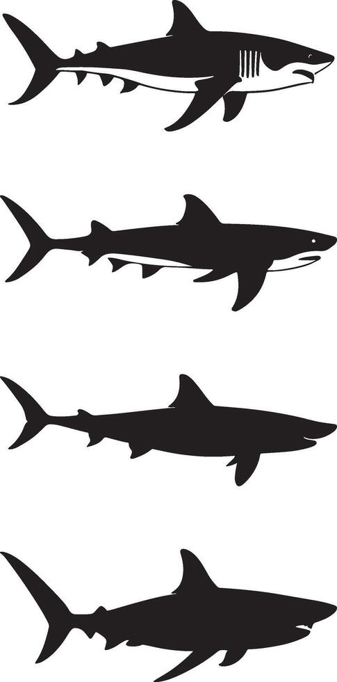 Sharks silhouettes set, marine life graphics, ocean predator designs, aquatic animal illustrations vector