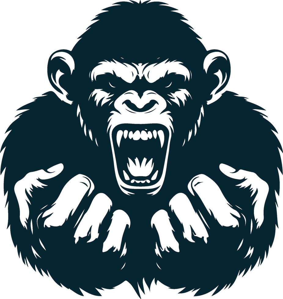 Fierce chimpanzee silhouette, wild animal artwork, angry chimp design, aggressive ape logo, charging chimp head, intense animal illustration, dark chimp emblem, jungle predator silhouette vector