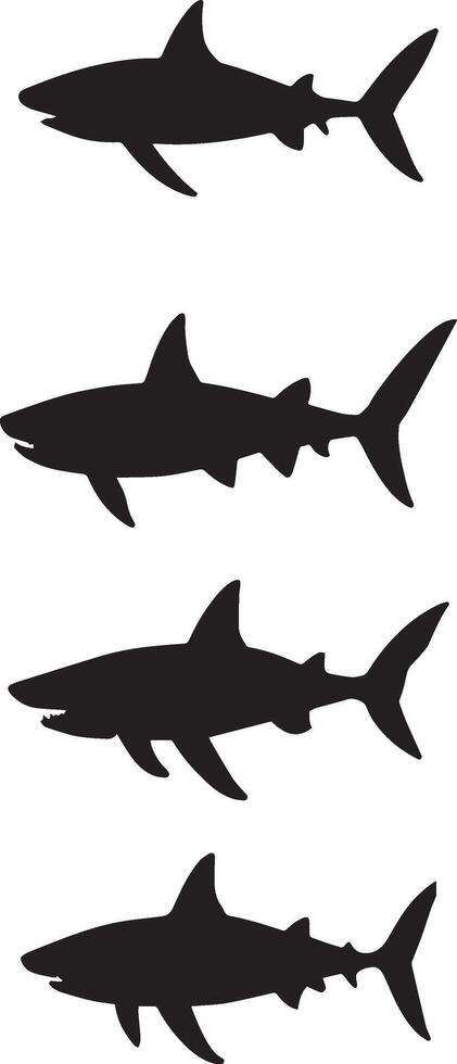 Shark silhouette designs, aquatic predator imagery, shark shapes collection, sea life graphics vector