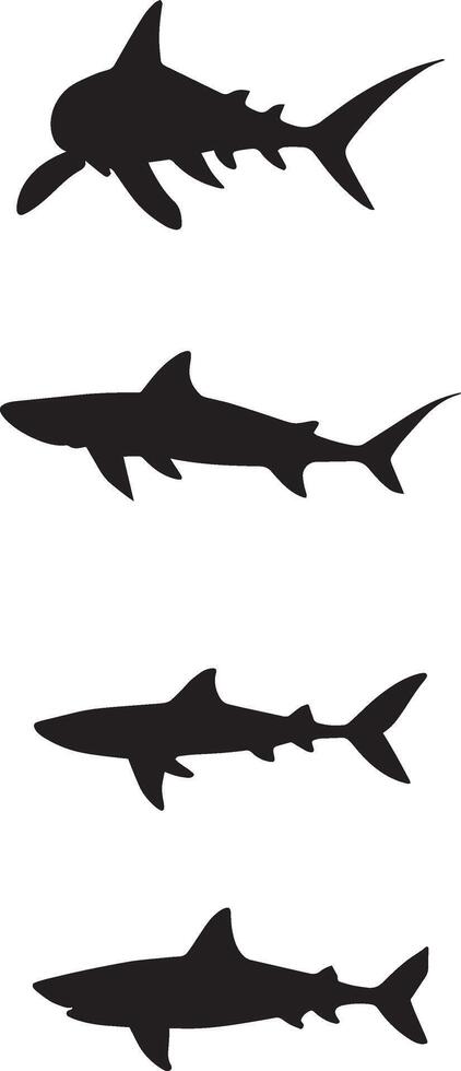 Silhouette collection of sharks, underwater creature icons, shark species illustrations, oceanic graphics vector